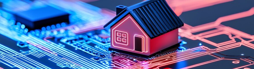 Poster - A small model of a house set against an abstract futuristic backdrop, representing the concept of an intelligent, smart home with Wi-Fi.