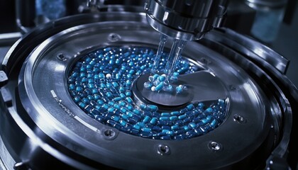 Poster - High-Tech Pharmaceutical Manufacturing Process Featuring Precision Filling of Blue Capsules in a Machinery System in a Sterile Environment