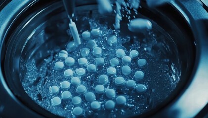 Poster - High-Tech Pharmaceutical Manufacturing Process with Pills and Bubbles Undergoing Quality Control in a Sterile Environment