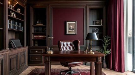 Poster - Luxurious home office with dark wood furniture, leather chair, bookshelves, and burgundy walls.