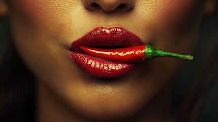 Sticker -   A close-up shot of a woman's lips with a chili pepper on her lips and a green pepper protruding from her mouth