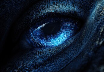 Poster - Intricate Close-Up of a Futuristic Eye with Digital Patterns and Vibrant Blue Colors Depicting Advanced Technology and Cybernetic Concepts
