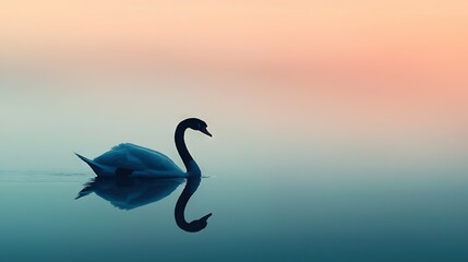 Sticker -   A swan floating on a body of water with a pink sky in the background and a blend of pink and blue in the background