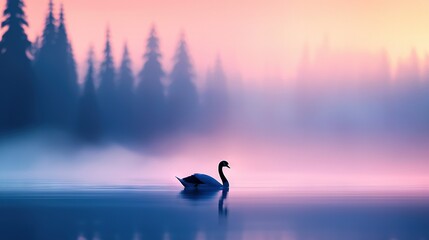 Sticker -   A swan gracefully glides through a tranquil lake surrounded by majestic trees and a hazy sky overhead