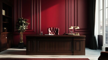 Poster - Luxurious dark wood executive office interior with red walls, large desk, and leather chair.