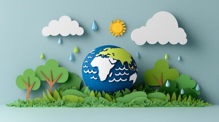 Wall Mural - Art made from paper, ecological awareness, and World Water Day; saving water and honoring World Environment Day; environmental protection and safeguarding Earth's water.