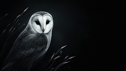 Sticker -   An image depicts a black-and-white owl perched on a tree branch, surrounded by green foliage and a dark backdrop