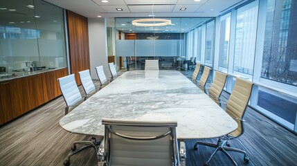 Poster - Modern spacious boardroom with large marble table, white chairs, and city view.