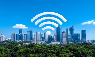 Poster - Abstract visual of a smart city with a wireless communication network, representing the Internet of Things.