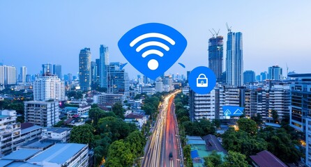 Poster - A smart city with intelligent services and icons, incorporating the Internet of Things, networks, and augmented reality, set against a night scene in Bangkok.