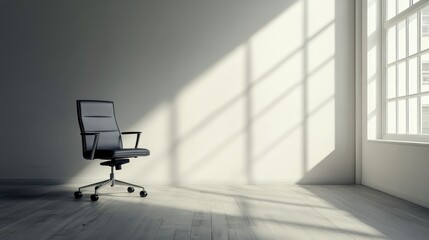 Poster - Sunlit empty office with a single black leather chair.