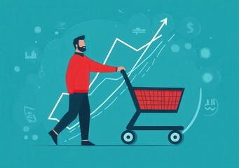 Poster - Professional male walking with shopping cart, representing commerce, business growth, and consumer trends in a modern, colorful digital environment
