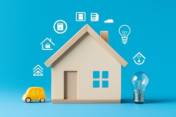 Poster - Smart home technology concept featuring a virtual circular futuristic interface for digital management and automation assistant menu, set in a white minimal house model against a blue background with