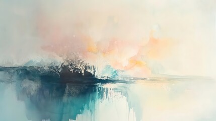 Poster - Abstract watercolor landscape painting of a serene lake reflecting a pastel sunset sky.