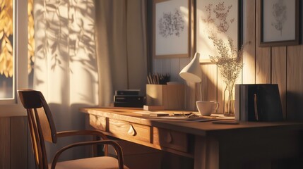 Aufkleber - Sunlit wooden desk in a cozy home office with chair, lamp, books, and plants.