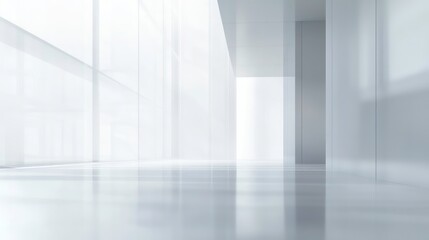 Leinwandbilder - Minimalist white interior space with large windows and reflective floor.