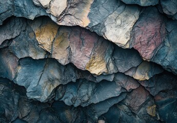Poster - Textured Layers of Colorful Slate Rock Formations with Varied Natural Hues and Intricate Patterns for Creative Design and Background Use
