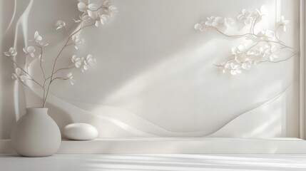 Poster - Minimalist white room interior with decorative branches, vase, and stone on a white surface.