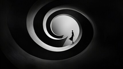   A monochromatic image shows a person strolling through a circular passageway, illuminated by a single light source at its terminus