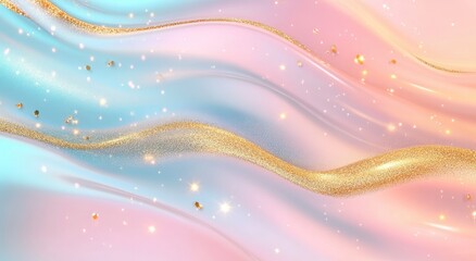 Wall Mural - Abstract background with golden glitter, pastel pink and blue colors, and golden waves