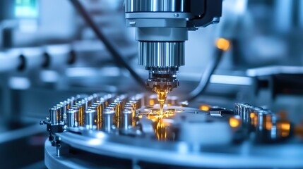 Poster - A close-up of automated machinery assembling products at high speed.