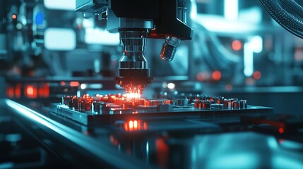 Poster - A close-up of automated machinery assembling products at high speed.