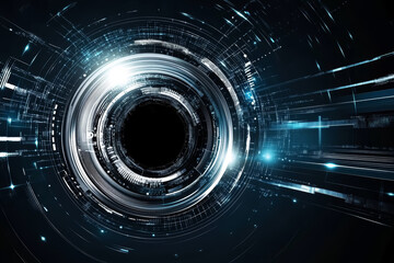 Wall Mural - abstract digital art blue and silver technical glowing circle on dark background. science, cosmos, f