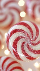 Wall Mural - Close-up of red and white swirled peppermint candies with a festive background.