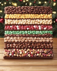 Wall Mural - Colorful assortment of assorted chocolates and nuts arranged in rows on a wooden tray, with a blurred Christmas tree in the background.