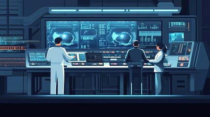 Engineers monitoring automated machinery processes through a control panel.