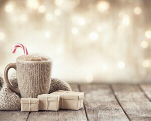 Wall Mural - Cozy Christmas cocoa in knitted mug with gifts.