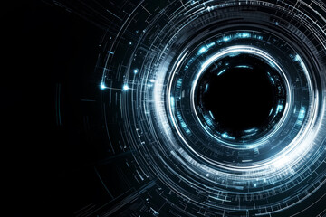 Wall Mural - abstract digital art blue and silver tech circle camera lens on dark background with blank space. sc