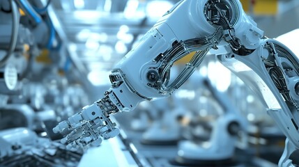 Poster - Factory robotics installing and managing delicate parts with perfect precision.