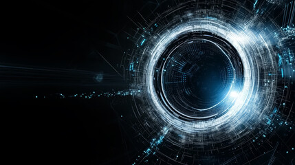Wall Mural - abstract digital art blue and silver technical glowing circle on dark background with copy space. sc