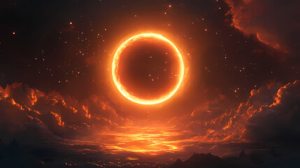 Wall Mural - Orange-colored solar eclipse set against a dark sky, with a glowing halo of light creating a dramatic celestial event. Eclipse. Illustration