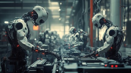 Poster - Robots working on a high-speed production line in an advanced factory.
