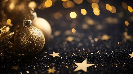 Wall Mural - stylish gold and black holiday theme with sparkling stars and text merry christmas in the image