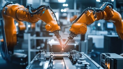 Poster - Technicians assembling and installing robotic systems in a modern factory.