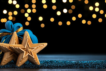 Poster - A festive composition featuring wooden stars and blue ornaments against a blurred background of warm, glowing lights.