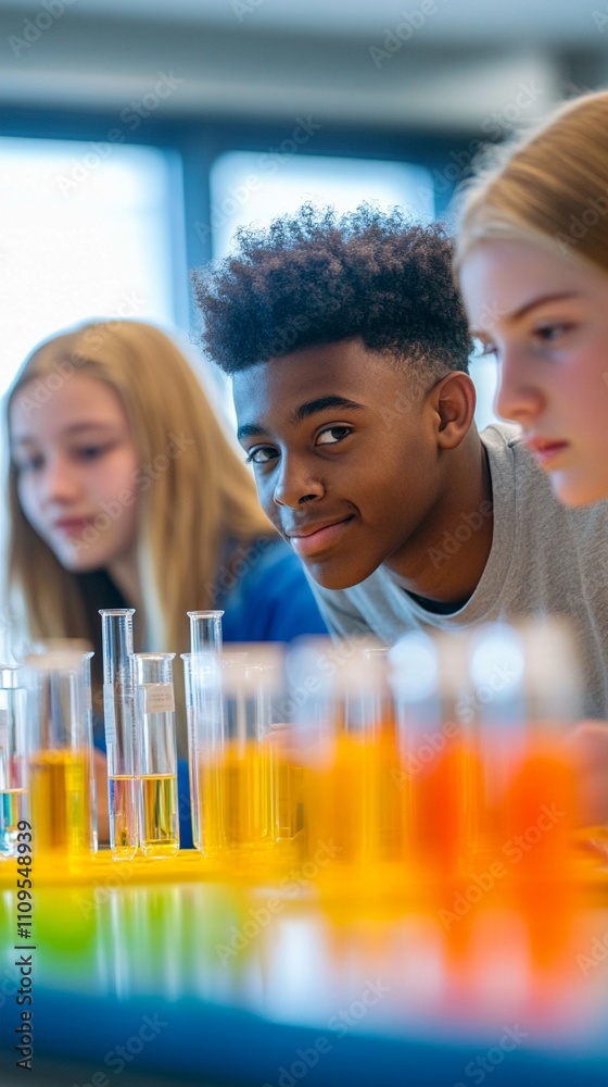 Diverse group of high school students conducting colorful chemistry ...