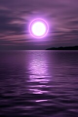 Poster - Purple sunset over calm ocean with glowing moon reflection.