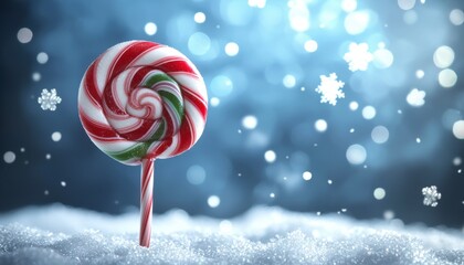 Wall Mural - Red, white, and green swirl lollipop in snow with bokeh background.