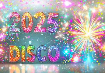Poster - Colorful disco-themed design featuring glittery text and vibrant sparks, perfect for welcoming the New Year 2025 with celebration