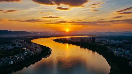 Wall Mural - Sunset Over City River Scenic Landscape