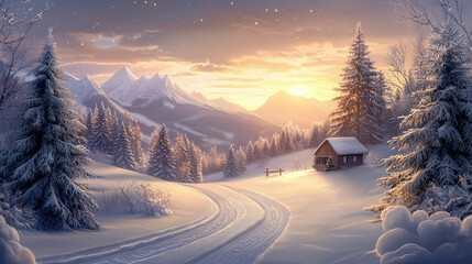 Aufkleber - A golden sunset casts a warm glow over a snowy landscape featuring towering mountains, evergreen trees, and a charming cabin
