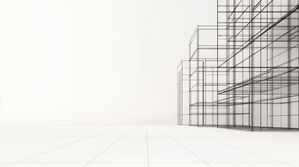 Fototapete - A minimalist architectural sketch featuring transparent lines and grids, illustrating a building design against a light background.