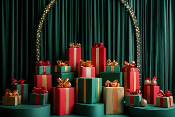 Poster - Stacked presents in various colors and sizes adorn a festive backdrop, creating a joyful holiday atmosphere perfect for celebrations