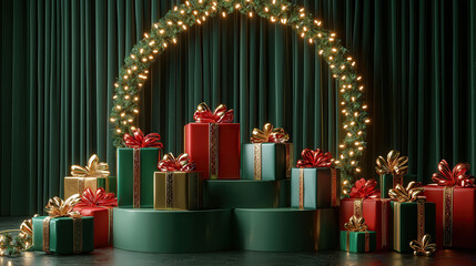 Poster - Brightly colored wrapped gifts with bows are arranged artfully under a string of warm lights, creating a festive holiday atmosphere