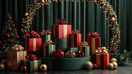 Poster - Colorful presents stacked beautifully alongside a decorated tree and twinkling lights create a warm holiday atmosphere