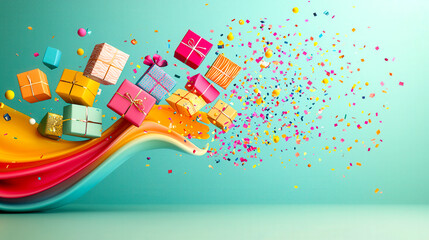 Poster - Assorted gift boxes soar amidst vibrant streamers and colorful confetti, evoking a celebratory mood perfect for any occasion